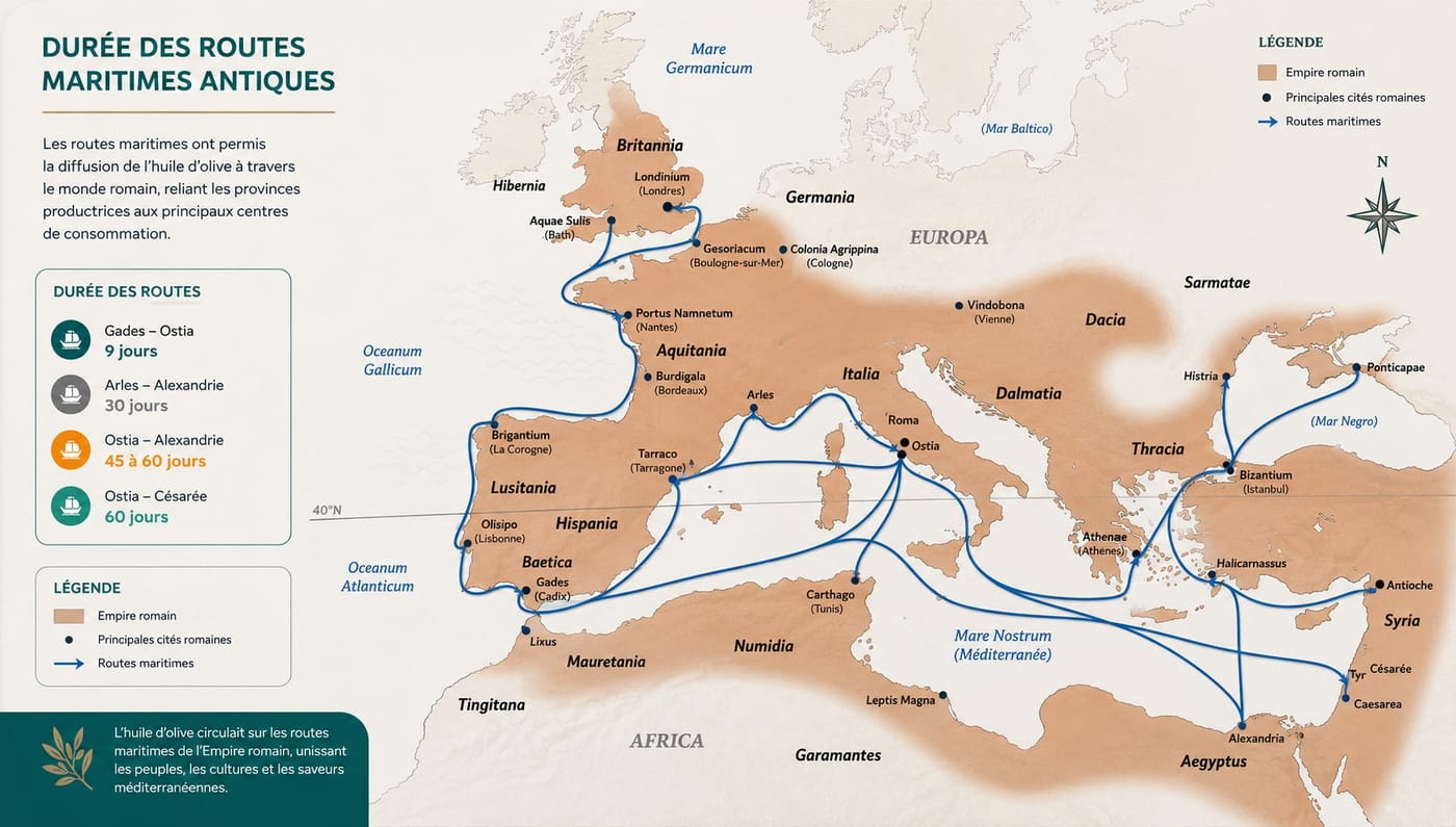 Carte des routes maritimes de l'Empire romain, durée des trajets depuis Gades et Ostie