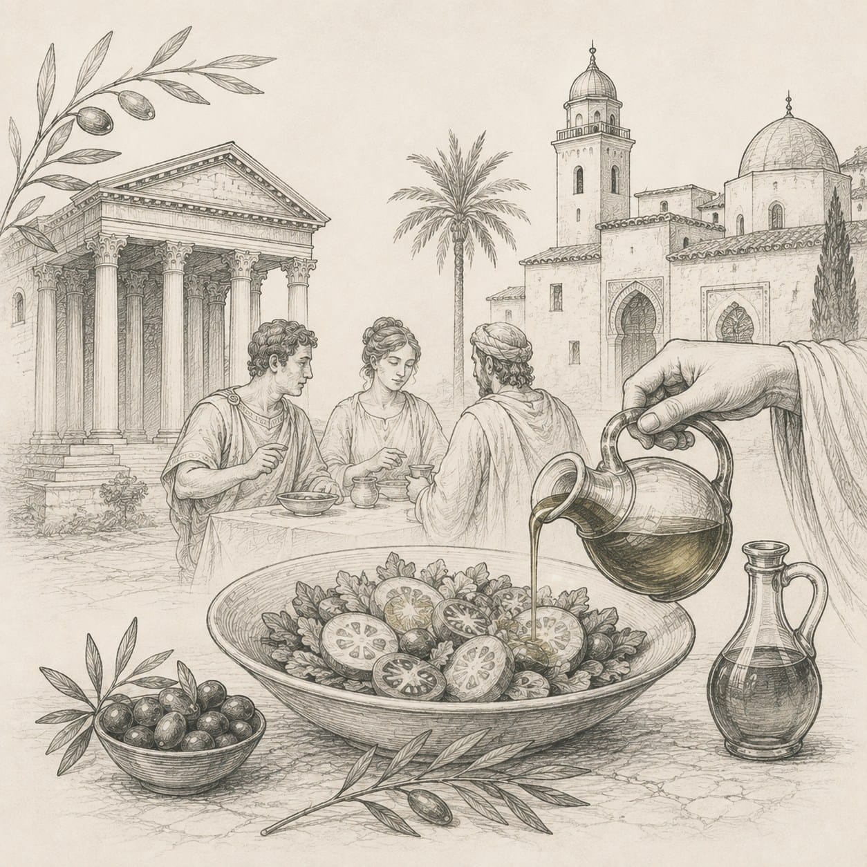 Illustration : partage d'un repas assaisonné à l'huile d'olive, influences romaine et arabo-andalouse